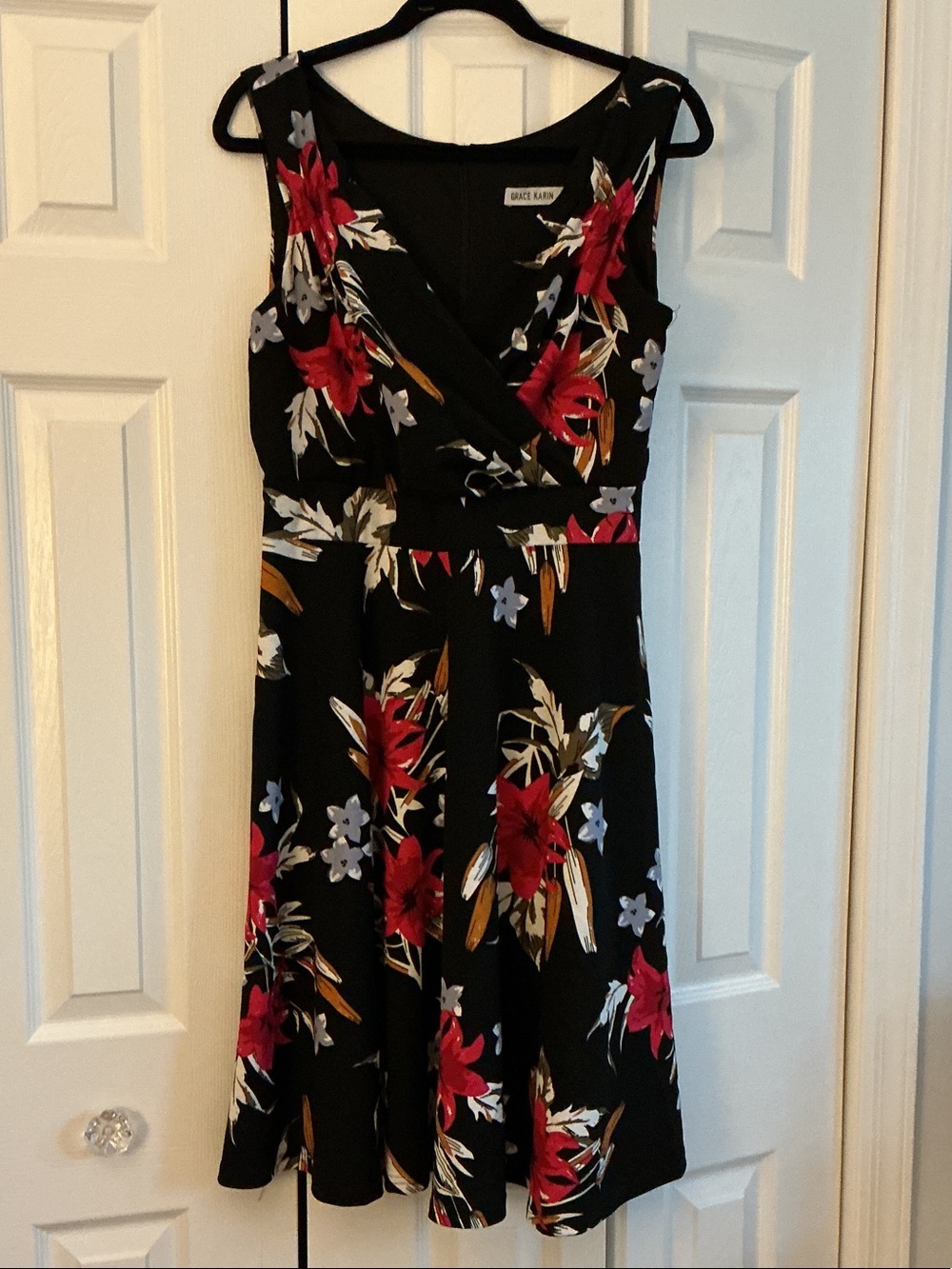 Grace Karin Black Midi Dress with Red & Cream Floral Print